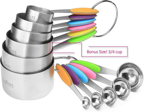 New Version! 11 Piece Measuring Cups and Spoons Set by Laxinis World - Stainless Steel with Silicone Handles