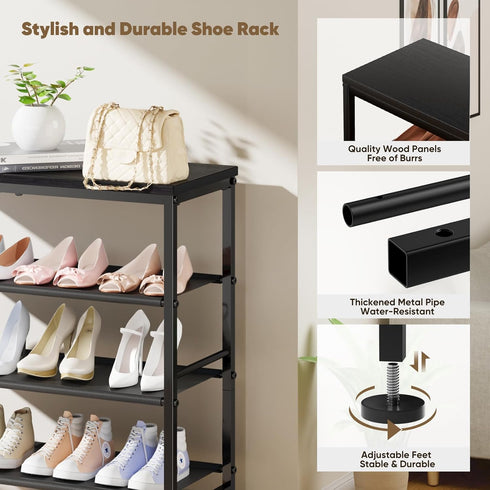 6 Mavivegue Tier Shoe Rack Organizer, Metal Organizer Shelf with with MDF Top Panel and Layer Fabric, Shoe Rack