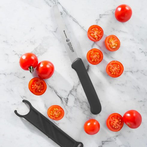 Messermeister 4.5” Serrated Tomato Knife with Matching Sheath, Black, German Steel Alloy, Rust Resistant
