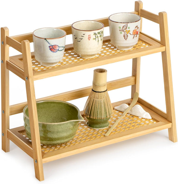 ANBOXIT Rattan-Look Matcha Station Organizer, Countertop Bamboo Tea & Coffee Accessories Station