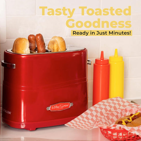 Nostalgia Retro Hot Dog and Bun Toaster with Mini Tongs, 2 Slot Cooker for Chicken, Turkey, Veggie Links, Red