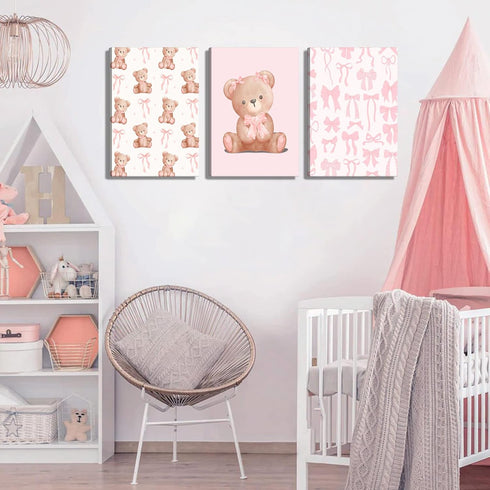 3Pcs Pink Teddy Bear Canvas Wall Art Coquette Bow Wall Decor Pictures Cute Animal Nursery Posters Prints for Baby Girls