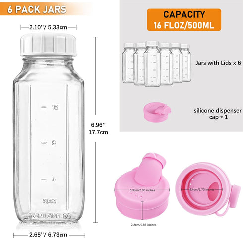 16 Oz 6 Pack Sovietiep Square Glass Milk Bottles with A Silicone Cap, Glass Bottles for Juicing with Airtight Lids