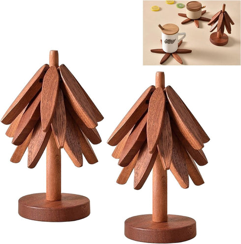 Heaocv Walnut Tree Table Mat,Wooden Table Mat Tree,Foldable Trivets for Hot Dishes,Non-Slip Heat