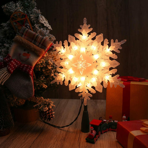 Brizled 9.25in Christmas Snowflake Tree Topper with 20 Warm White Lights, UL Certified Plug in Christmas Tree Decoration
