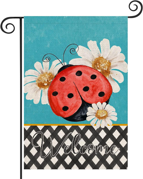 Welcome Ladybug Daisy Flowers Garden Flag - Vertical Double-Sided 12.5x18 Inch Watercolor Painting for Spring