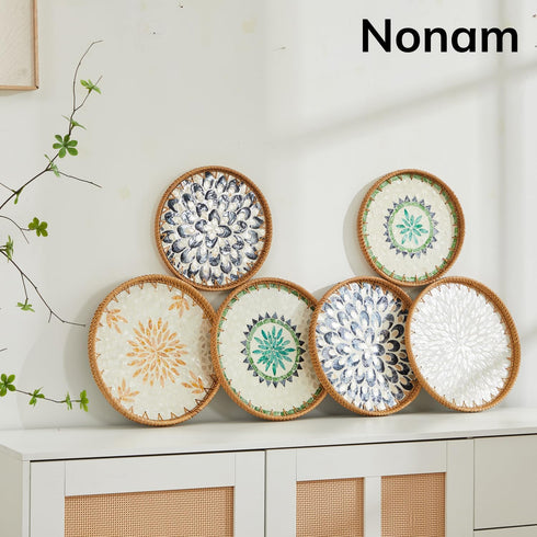 Nonam 100% 12" Shellac Rattan Tray with Mother of Pearl Inlay, Round Decorative Serving Tray for Home Dcor Coffee Table