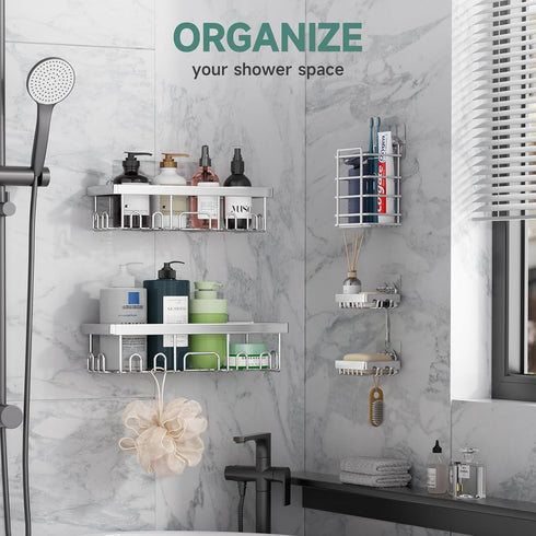 5-Pack,Heavy Veken Adhesive Shower Caddy Weight Bearing,Large Wall Mounted Shower Shelves Rack,Organizer Storage