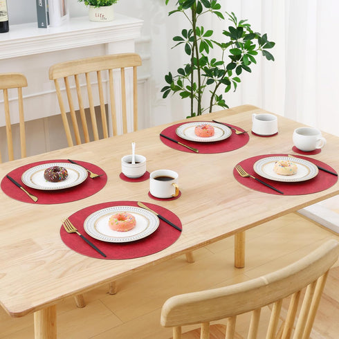 Set 6, 13 3.93 inch, Homaxy Round Faux Leather Placemats and Coasters, Washable Dual-Side Table Mats, Wipeable