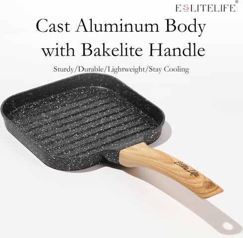 ESLITE LIFE 8 Inch Nonstick Small Grill Pan, Versatile Induction Square Grilling Skillet for Indoor Cooking