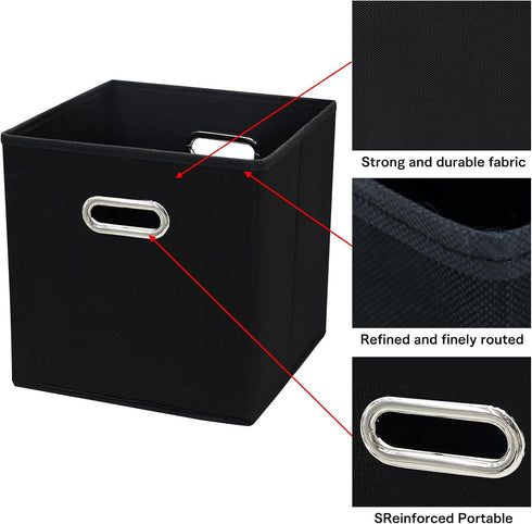 Black Fabric Storage Bins Cube, 11x11x11 Fabric Cubby Organizer Baskets with Handle, Foldable Basket for Closet, Set of