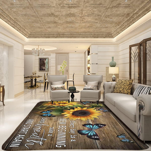 Area Rug, Butterfly Sunflower on Wooden Board Non-Slip Mat for Kitchen, Bedroom, Living Room Decor