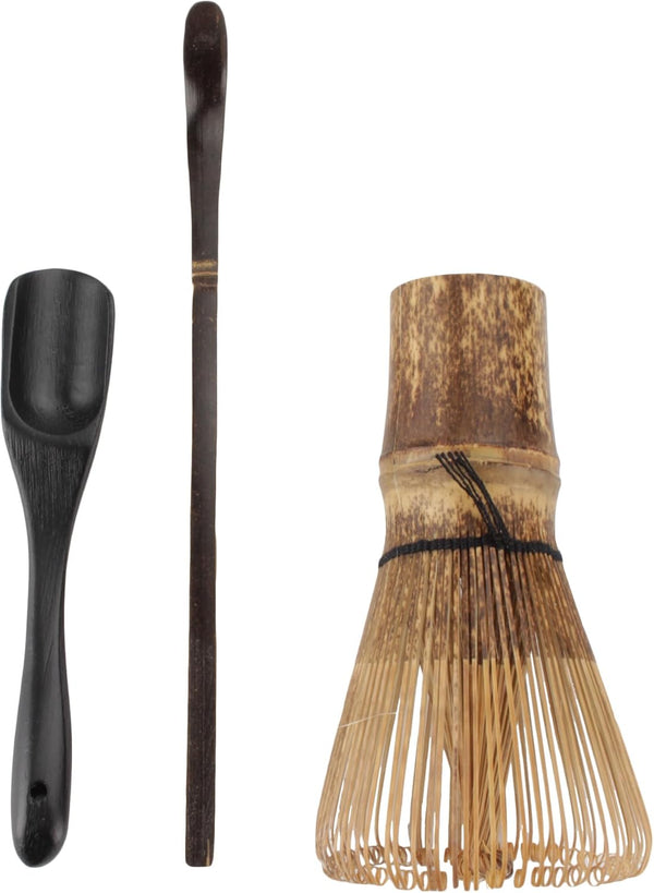 BambooMN Matcha Whisk Set - Black Chasen (Tea Whisk), Chashaku (Hooked Bamboo Scoop), and Deep Scoop - 1 Set