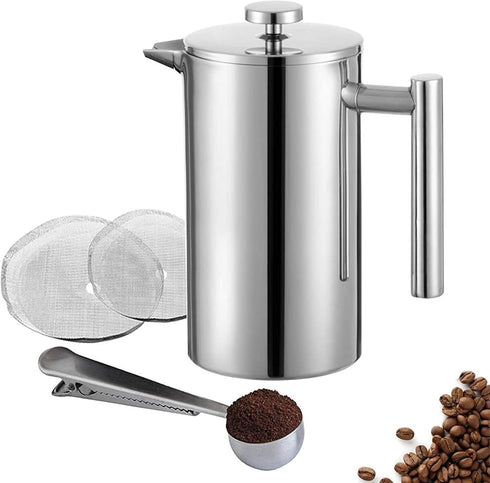 Small French Press Coffee Maker, Double-Wall Insulated, Stainless Steel, 350ML, 12 OZ, Includes 2 Extra Filters