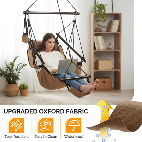ONCLOUD Hammock Upgraded Unique Hanging Sky Chair, Air Deluxe Swing Seat with Rope (Tan)