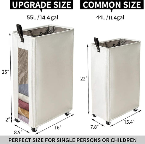 ZERO JET LAG 25 Inches Slim Laundry Storage Hamper - Large Rolling Clothes Bin with Clear Window