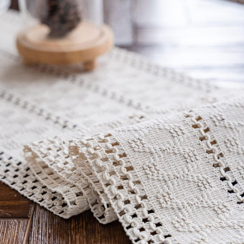 Table(12x71in) Alynsehom Macrame Table Runner Cream Beige Boho Table Runners with Tassels Hand Woven Cotton Table