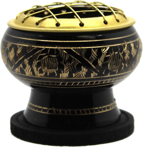 Govinda Small Decorated Brass Charcoal Screen Incense Burner with Wooden Coaster