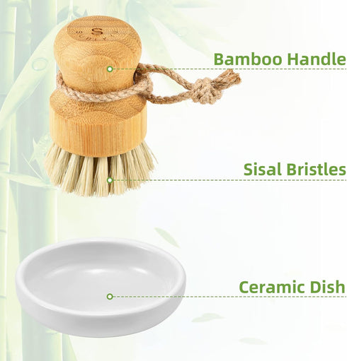 SUBEKYU Bamboo Dish Scrub Brush for Kitchen Sink, Natural Wooden Washing Dish Brush Scrubber with Sisal Bristles