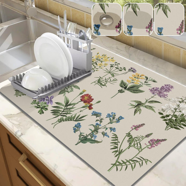 LOKHOM Dish Drying Mat for Kitchen Counter - 18"x24" Absorbent Mat with Vintage Sage Flower Herbs