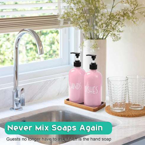 ALELION Dish Soap Dispenser for Kitchen, 16 OZ Glass Hand Soap Dispenser Set with Acacia Wood Tray, Pink Kitchen Decor