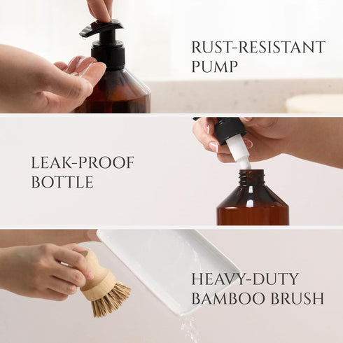 Set Counter Set FINESSY Modern Hand and Dish Soap Dispenser for Kitchen with Tray and Bamboo Brush, Kitchen Soap