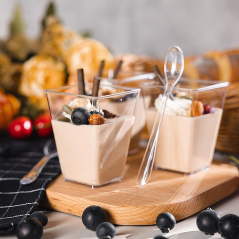 50 Pack 5oz Mini Dessert Cups with Soopns, Clear Square Dessert Bowls Small Plastic Yogurt Parfait Cups Appetizer Cup