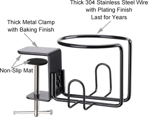 Large Clip On Table Cup Holder, Anti-Spill Holder for Lawn Chair, Pack of 2, Black