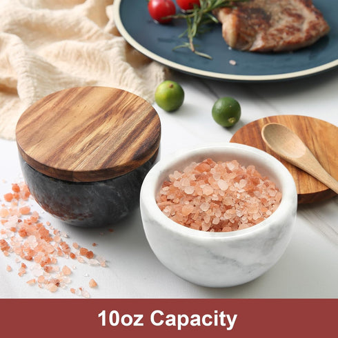 Large White Marble Base Wood Cover Salt Box with Spoon, Solid Natural Acacia Lid, Elegant Design Decorative Boxes, Big