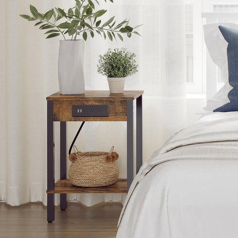 MMEOLUOOK 2-Tier MLBZ14RE End Table with Charging Station, Nightstand with Storage Shelf,Modern Side Table,Bedside