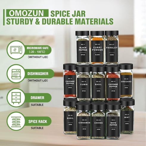OMOZUN 24pcs 4oz 304 Spice Jars with Label, Glass Spice Jars with Black Lids, Square Spice Containers with Labels