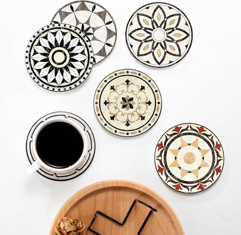 Set 6 4 inches Baalaka Drink Coasters of with Holder, Ceramic Absorbent Coaster for Drinks, Boho Coasters with Cork