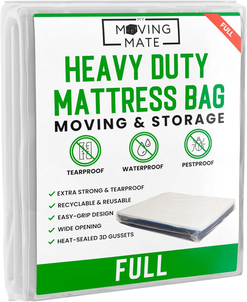 Full Mattress Bag for Moving and Storage - Heavy Duty 5 Mil Mattress Cover, Reusable and Tearproof Storage Bags