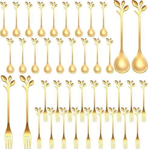 Stainless Steel Leaf Coffee Spoon and Appetizer Fork Set, 40 Pieces Mini Dessert Utensils for Coffee, Tea