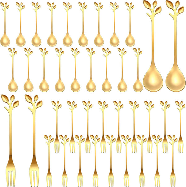 Stainless Steel Leaf Coffee Spoon and Appetizer Fork Set, 40 Pieces Mini Dessert Utensils for Coffee, Tea