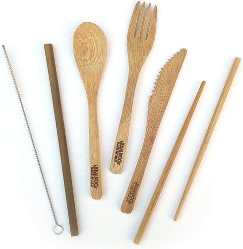 Travel Utensils Set with Case, Fork, Knife, Spoon, Chopsticks, Straw, and Cleaning Brush, Midnight Black