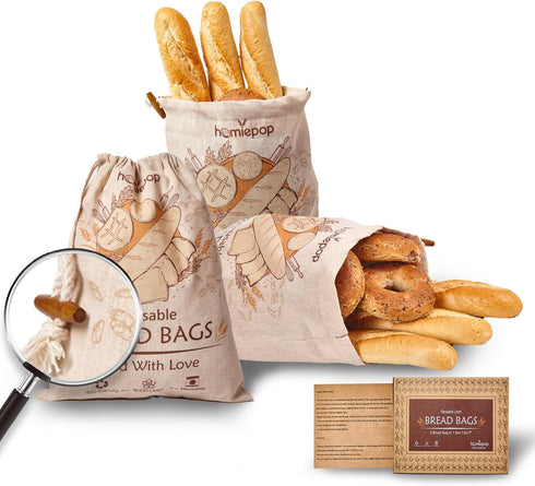 HomiePop (3 Pack) 17x13 Inch Bread Bags for Homemade Bread Linen Reusable Sourdough Bread Bags with TPU Lining Keeps