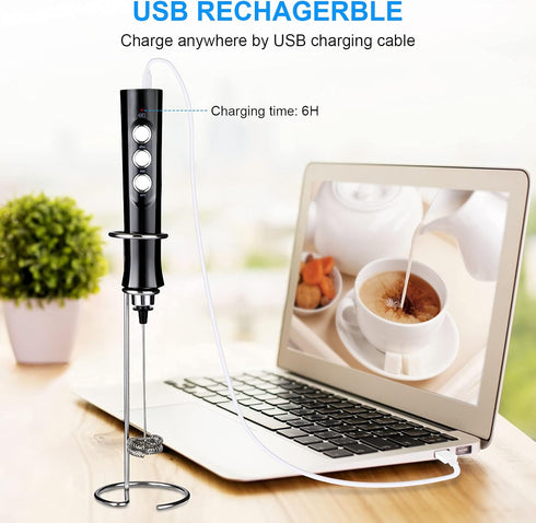 Rechargeable Handheld Milk Frother, Electric Coffee Mixer with 2 Stainless Steel Egg Beaters for Hot Chocolate