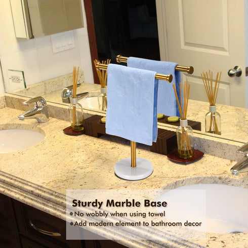 Gold Hand Towel Holder Stand for Countertop, Sturdy Marble Base, Bathroom Towel Rack