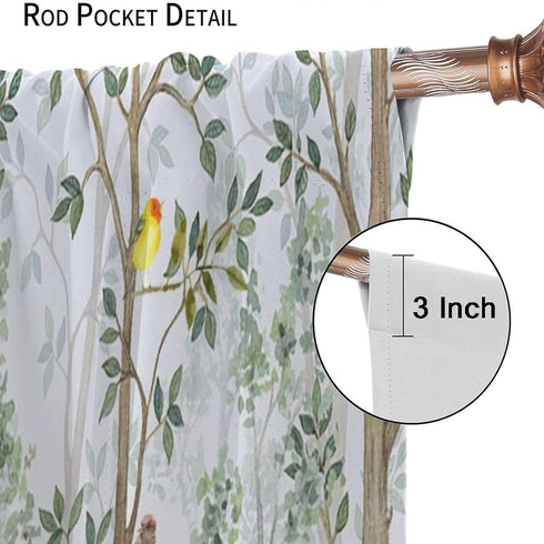 42x45in Kids Watercolor Woodland Animal Window Curtains, Bear Deer Squirrel Hedgehog Fox Birds Green Forest Blackout