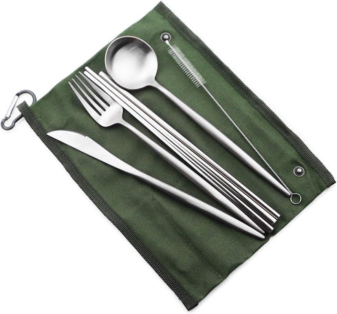 Reusable Travel Utensils Set - 7 Pieces Portable 18/10 Stainless Steel, Includes Knife, Fork, Spoon, Chopsticks,