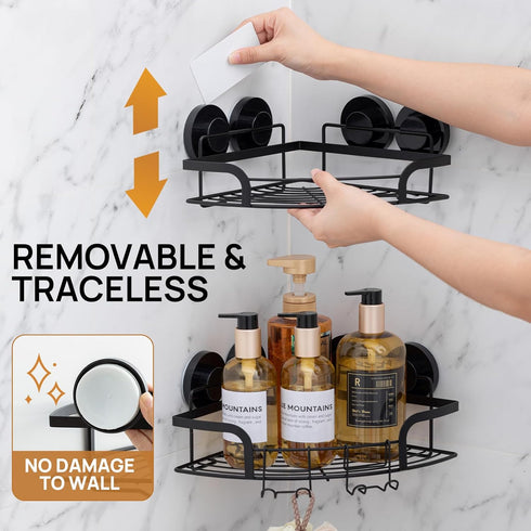 2 Pack LEVERLOC Strong Suction Cup Corner Shower Caddy, Large Capacity Removable Bathroom Organizer, Stainless Steel