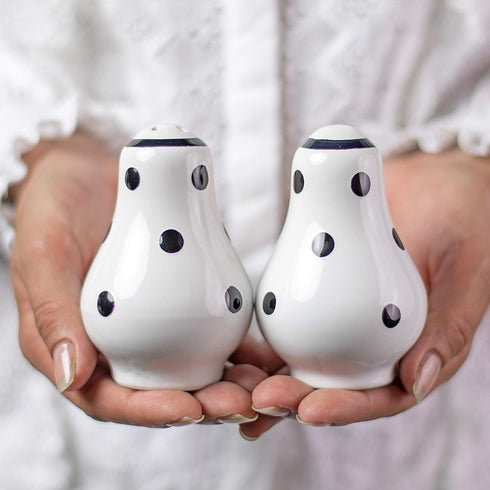 City to Cottage Ceramic Salt and Pepper Shakers Set, Handcrafted White and Black Polka Dot Spice Shakers, Farmhouse
