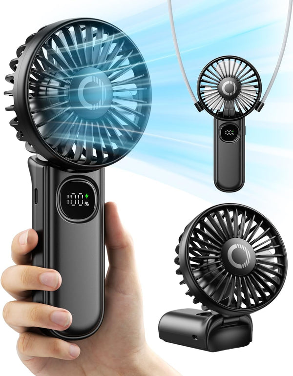 Handheld Fan, Foldable Portable Mini Fan with LED Display, 3000mAh Battery Operated for Travel, Black