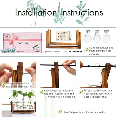 Bulb 3 Bulb XXXFLOWER Plant Terrarium with Wooden Stand, Air Planter Glass Vase Metal Swivel Holder Retro Tabletop