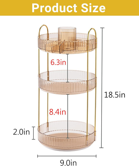 Asayuee 360 Organizer,3 Countertop(Gold) Rotating Makeup Tier Large Capacity Make Up Organizers and Storage,Skincare