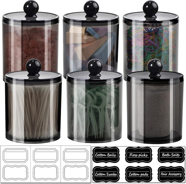 SheeChung 6 Pack Qtip Dispenser Apothecary Jars with Labels - Clear Plastic Acrylic Jar for Bathroom Storage