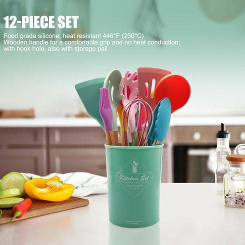 Kitchen Utensils Set of 12, Silicone Cooking Utensils with Non-Slip Wooden Handle, Heat Resistant Cookware Set