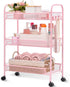 TOOLF 3-Tier Metal Rolling Cart, Utility Trolley on Wheels with 3 Hooks, Easy Assemble Mesh Wire Storage for Kitchen