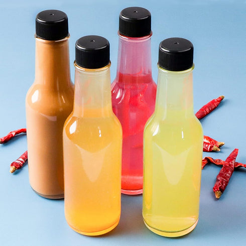 30 Pack Hot Sauce Bottles, 5oz Clear Woozy Bottles with Leak Proof Black Caps and Labels